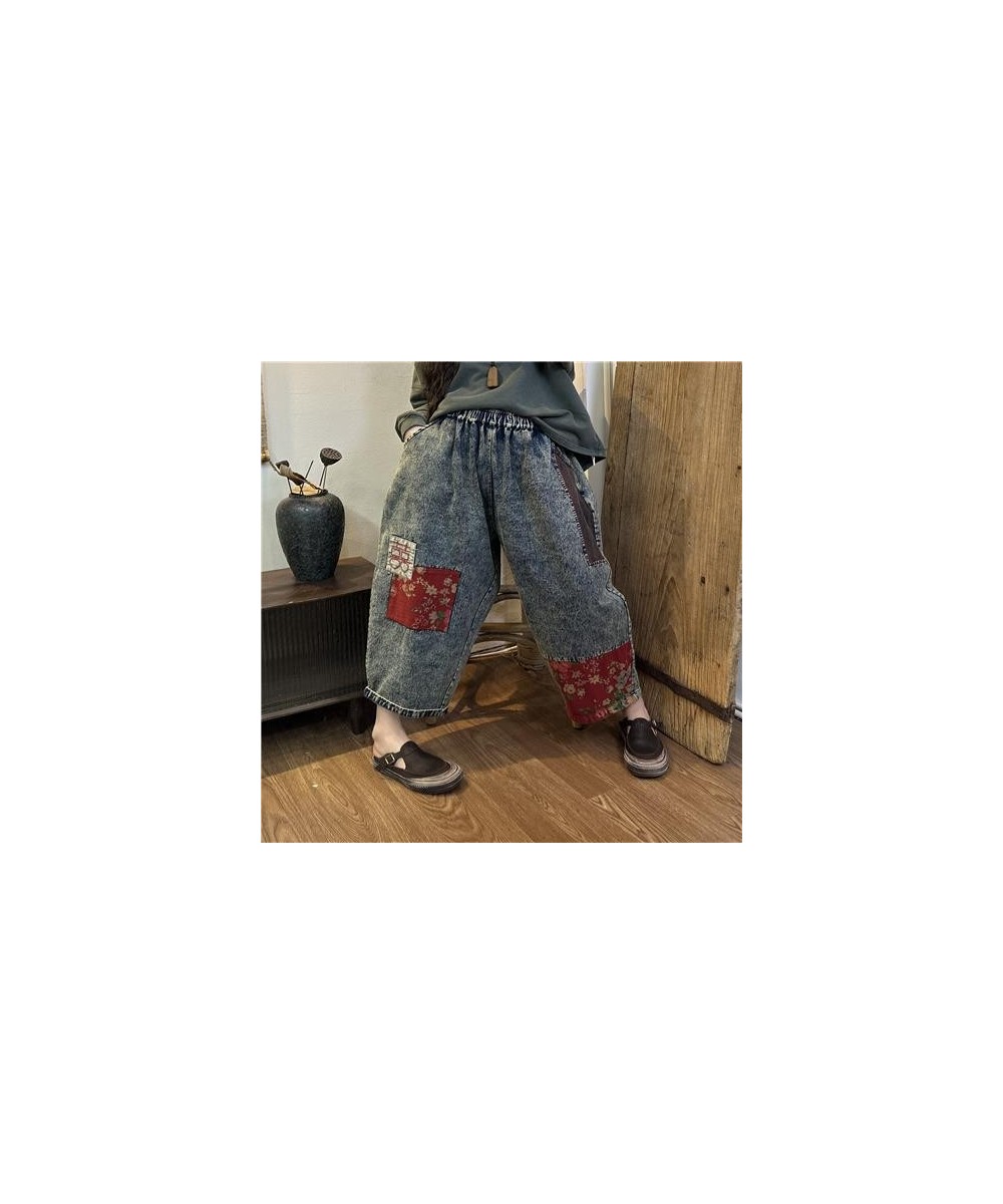 2023 Spring Autumn Arts Style Women Elastic Waist Cotton Denim Ankle-length Pants Vintage Patchwork design Loose Jeans C795 $...