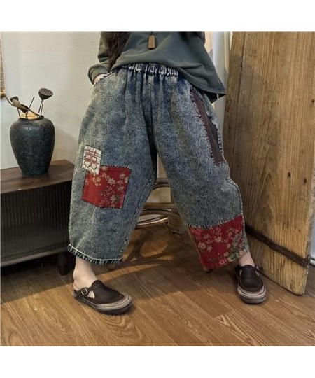 2023 Spring Autumn Arts Style Women Elastic Waist Cotton Denim Ankle-length Pants Vintage Patchwork design Loose Jeans C795 $...