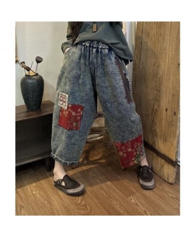 2023 Spring Autumn Arts Style Women Elastic Waist Cotton Denim Ankle-length Pants Vintage Patchwork design Loose Jeans C795 $...