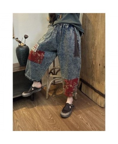 2023 Spring Autumn Arts Style Women Elastic Waist Cotton Denim Ankle-length Pants Vintage Patchwork design Loose Jeans C795 $...