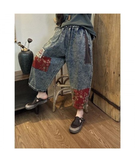 2023 Spring Autumn Arts Style Women Elastic Waist Cotton Denim Ankle-length Pants Vintage Patchwork design Loose Jeans C795 $...