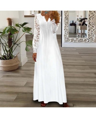 Elegant Women Patchwork Lace Party Dress Slim Fit Lady Print V Neck Long Dress Summer Hollow Out Full Sleeve Chic Dress $47.0...