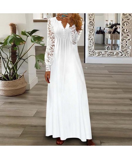 Elegant Women Patchwork Lace Party Dress Slim Fit Lady Print V Neck Long Dress Summer Hollow Out Full Sleeve Chic Dress $47.0...