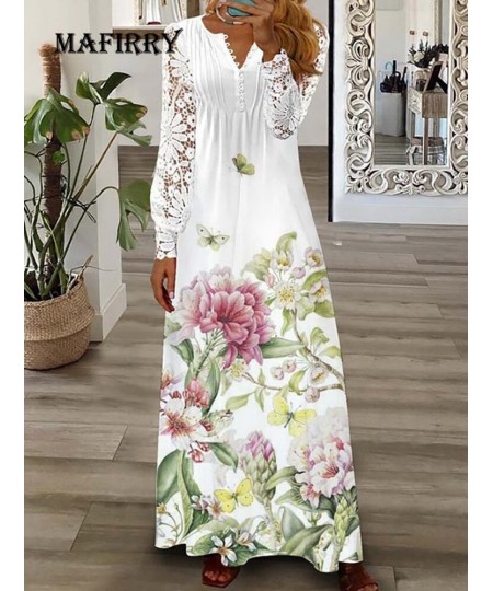 Elegant Women Patchwork Lace Party Dress Slim Fit Lady Print V Neck Long Dress Summer Hollow Out Full Sleeve Chic Dress $47.0...