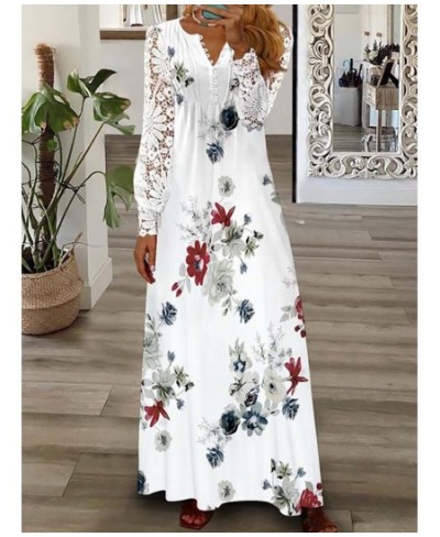 Elegant Women Patchwork Lace Party Dress Slim Fit Lady Print V Neck Long Dress Summer Hollow Out Full Sleeve Chic Dress $47.0...