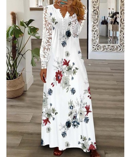 Elegant Women Patchwork Lace Party Dress Slim Fit Lady Print V Neck Long Dress Summer Hollow Out Full Sleeve Chic Dress $47.0...