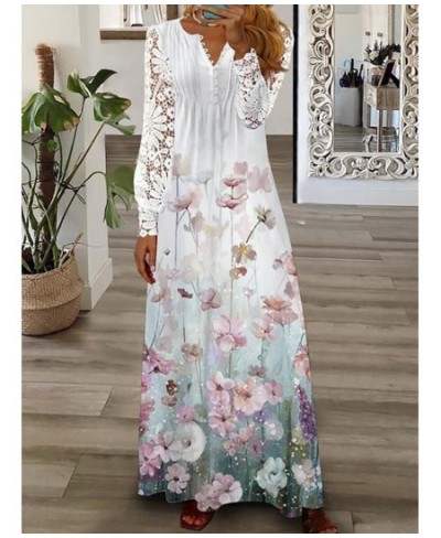 Elegant Women Patchwork Lace Party Dress Slim Fit Lady Print V Neck Long Dress Summer Hollow Out Full Sleeve Chic Dress $47.0...