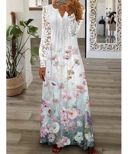 Elegant Women Patchwork Lace Party Dress Slim Fit Lady Print V Neck Long Dress Summer Hollow Out Full Sleeve Chic Dress $47.0...