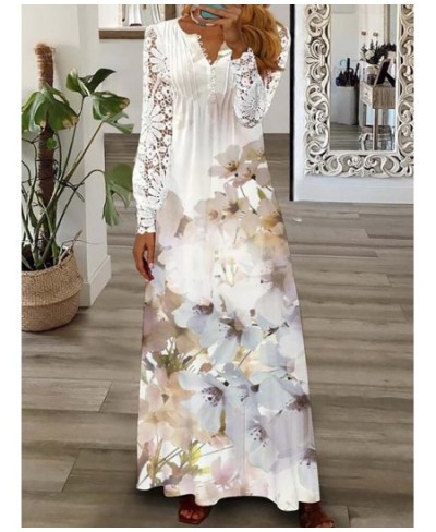 Elegant Women Patchwork Lace Party Dress Slim Fit Lady Print V Neck Long Dress Summer Hollow Out Full Sleeve Chic Dress $47.0...