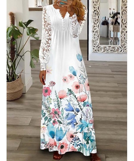 Elegant Women Patchwork Lace Party Dress Slim Fit Lady Print V Neck Long Dress Summer Hollow Out Full Sleeve Chic Dress $47.0...