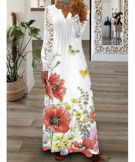 Elegant Women Patchwork Lace Party Dress Slim Fit Lady Print V Neck Long Dress Summer Hollow Out Full Sleeve Chic Dress $47.0...