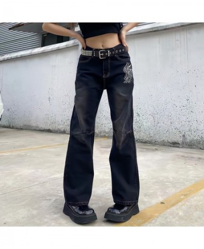 Hippie Punk England Style High Waist Black Jeans Women Y2k Streetwear Chic Straight Wide Leg Trousers Print Wings Pattern Pan...