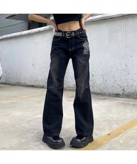 Hippie Punk England Style High Waist Black Jeans Women Y2k Streetwear Chic Straight Wide Leg Trousers Print Wings Pattern Pan...