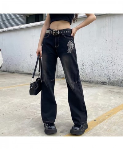 Hippie Punk England Style High Waist Black Jeans Women Y2k Streetwear Chic Straight Wide Leg Trousers Print Wings Pattern Pan...