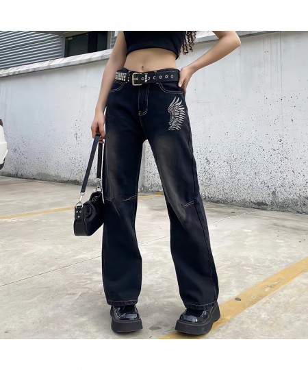 Hippie Punk England Style High Waist Black Jeans Women Y2k Streetwear Chic Straight Wide Leg Trousers Print Wings Pattern Pan...