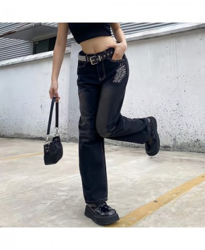 Hippie Punk England Style High Waist Black Jeans Women Y2k Streetwear Chic Straight Wide Leg Trousers Print Wings Pattern Pan...