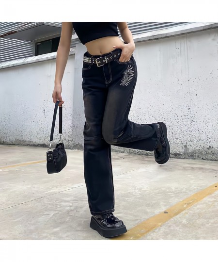 Hippie Punk England Style High Waist Black Jeans Women Y2k Streetwear Chic Straight Wide Leg Trousers Print Wings Pattern Pan...