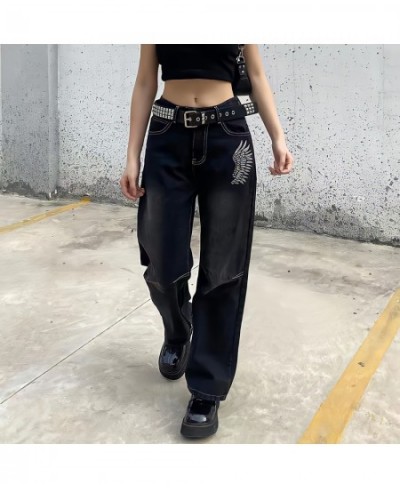 Hippie Punk England Style High Waist Black Jeans Women Y2k Streetwear Chic Straight Wide Leg Trousers Print Wings Pattern Pan...