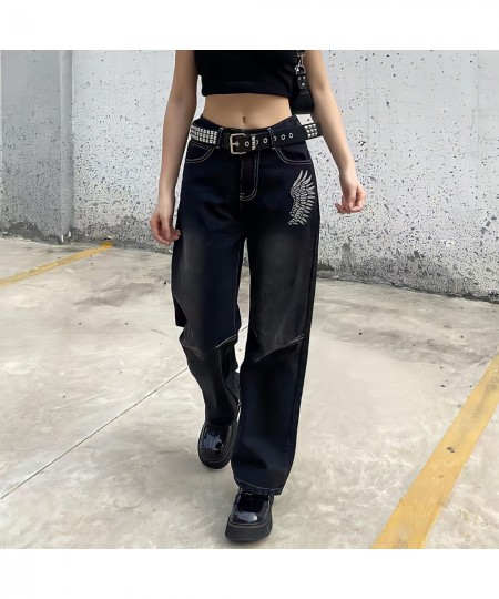 Hippie Punk England Style High Waist Black Jeans Women Y2k Streetwear Chic Straight Wide Leg Trousers Print Wings Pattern Pan...