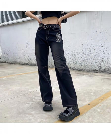 Hippie Punk England Style High Waist Black Jeans Women Y2k Streetwear Chic Straight Wide Leg Trousers Print Wings Pattern Pan...