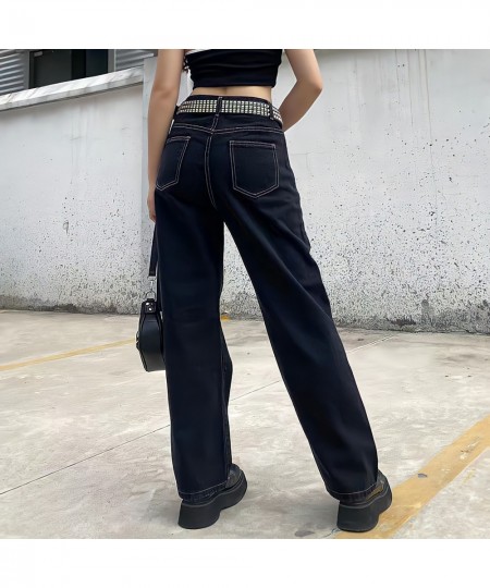 Hippie Punk England Style High Waist Black Jeans Women Y2k Streetwear Chic Straight Wide Leg Trousers Print Wings Pattern Pan...