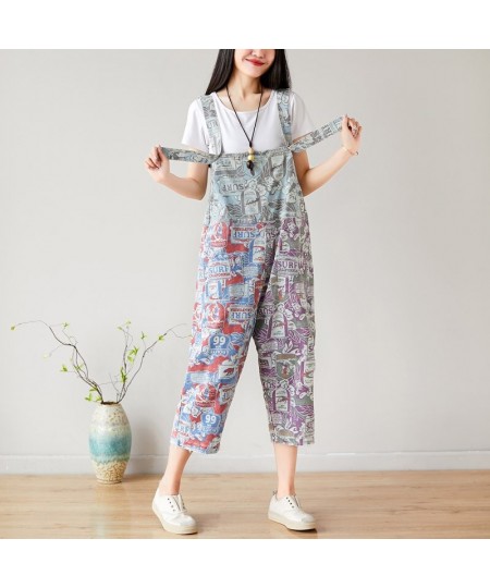 Women Summer Causal Holes Jumpsuit Pants Ladies Vintage Printed Calf Length Rompers Female Print Trousers Overalls 2023 $98.4...