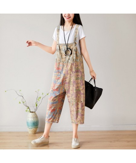 Women Summer Causal Holes Jumpsuit Pants Ladies Vintage Printed Calf Length Rompers Female Print Trousers Overalls 2023 $98.4...