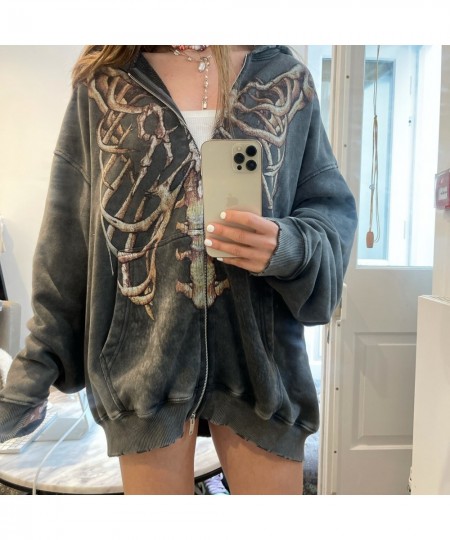 Y2K Gothic Skeleton Print Hoodie Women Harajuku Hip Hop Oversized Zipper Jacket Autumn Winter Vintage Loose Hooded Sweatshirt...