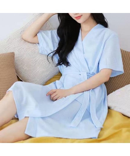 V-Neck Short Sleeve Unisex Nightgown Open Stitch Lace-up Pockets Bath Gown Solid Color Summer Nightgown Loose Waffle Bathrobe...