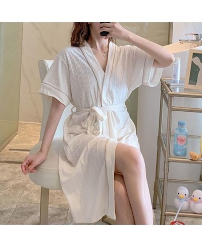 V-Neck Short Sleeve Unisex Nightgown Open Stitch Lace-up Pockets Bath Gown Solid Color Summer Nightgown Loose Waffle Bathrobe...