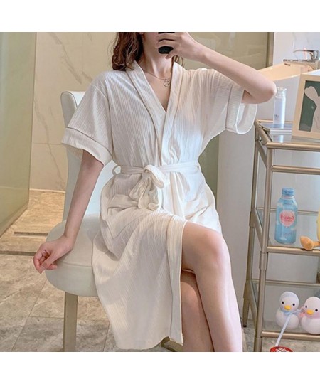 V-Neck Short Sleeve Unisex Nightgown Open Stitch Lace-up Pockets Bath Gown Solid Color Summer Nightgown Loose Waffle Bathrobe...