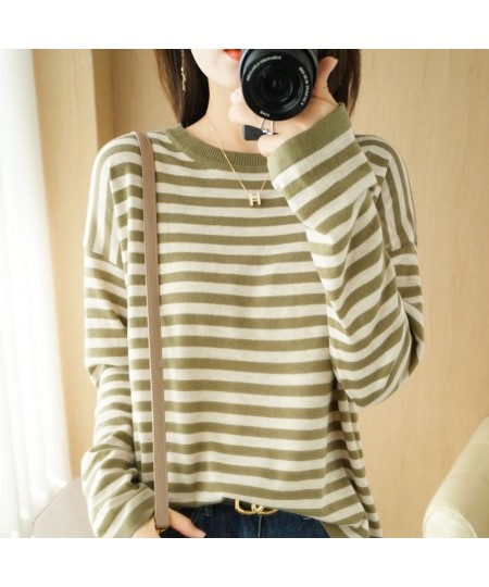 2022 Autumn Winter Cashmere Sweater O-Neck Pullover Women's Striped Casual Long-sleeved Loose Cashmere Sweater $39.97 - Sweaters