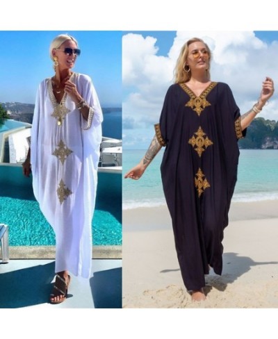 New Bohemian Retro Embroidered Bikini Cover Up Maxi Dress For Women Loose Beachwear Vintage Long Kaftan $40.31 - Swimsuit