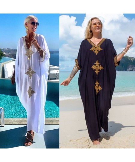 New Bohemian Retro Embroidered Bikini Cover Up Maxi Dress For Women Loose Beachwear Vintage Long Kaftan $40.31 - Swimsuit