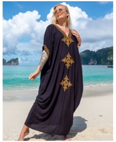 New Bohemian Retro Embroidered Bikini Cover Up Maxi Dress For Women Loose Beachwear Vintage Long Kaftan $40.31 - Swimsuit