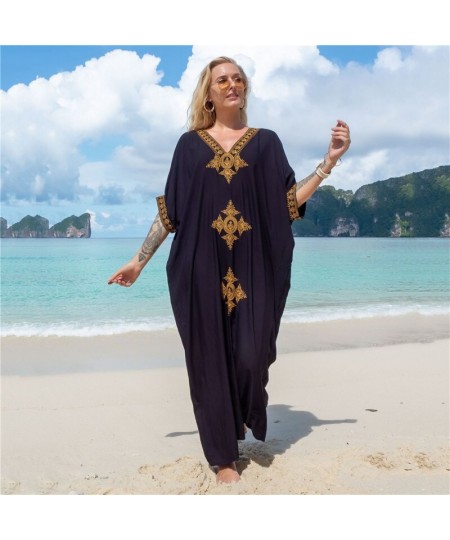 New Bohemian Retro Embroidered Bikini Cover Up Maxi Dress For Women Loose Beachwear Vintage Long Kaftan $40.31 - Swimsuit