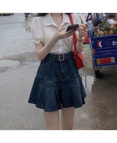 Pleated Skirts Women Denim High Waist Student Fashion Leisure All-match Summer Mini Holiday Solid Simple Korean Version Elega...