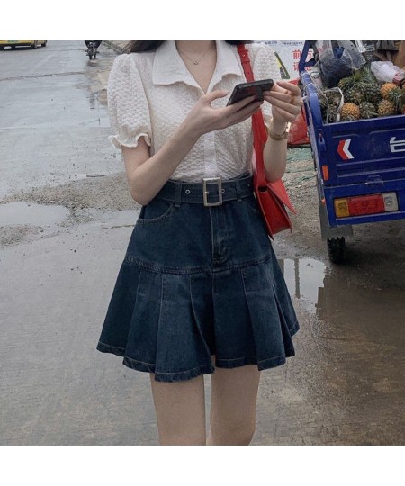 Pleated Skirts Women Denim High Waist Student Fashion Leisure All-match Summer Mini Holiday Solid Simple Korean Version Elega...