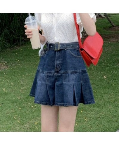 Pleated Skirts Women Denim High Waist Student Fashion Leisure All-match Summer Mini Holiday Solid Simple Korean Version Elega...