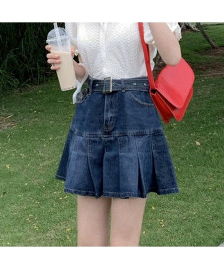 Pleated Skirts Women Denim High Waist Student Fashion Leisure All-match Summer Mini Holiday Solid Simple Korean Version Elega...