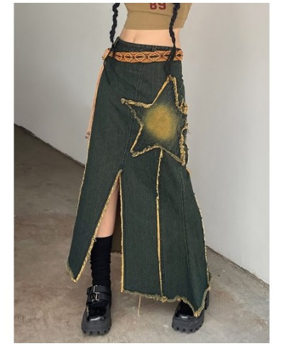 Gothic American retro niche feature pentagonal star patch irregular split fur edge hot girl high waist embroidery denim skirt...