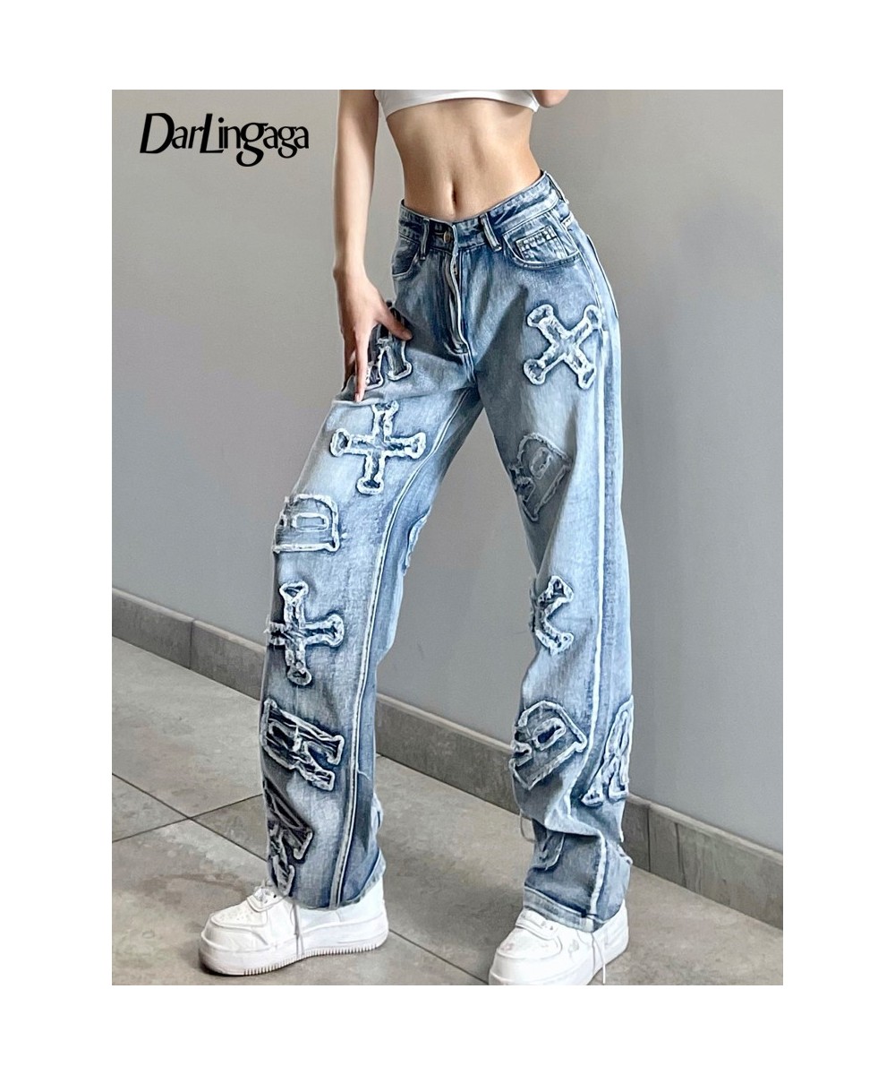 Streetwear Grunge Letter Patched Distressed Women Jeans Straight Casual Y2K Design Denim Trousers Korean Style Bottom $52.74 ...