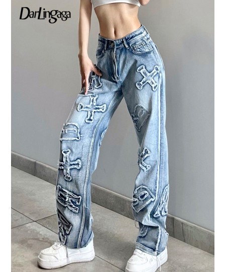 Streetwear Grunge Letter Patched Distressed Women Jeans Straight Casual Y2K Design Denim Trousers Korean Style Bottom $52.74 ...