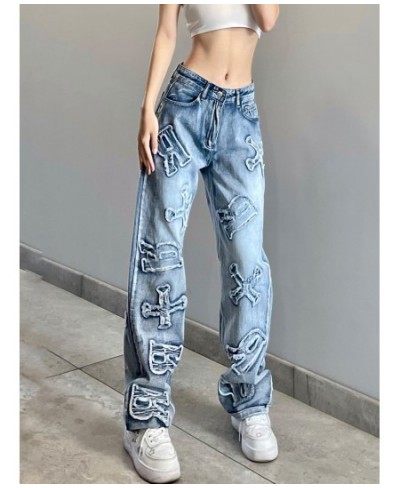 Streetwear Grunge Letter Patched Distressed Women Jeans Straight Casual Y2K Design Denim Trousers Korean Style Bottom $52.74 ...