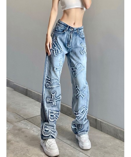 Streetwear Grunge Letter Patched Distressed Women Jeans Straight Casual Y2K Design Denim Trousers Korean Style Bottom $52.74 ...