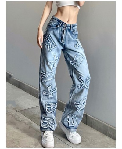 Streetwear Grunge Letter Patched Distressed Women Jeans Straight Casual Y2K Design Denim Trousers Korean Style Bottom $52.74 ...