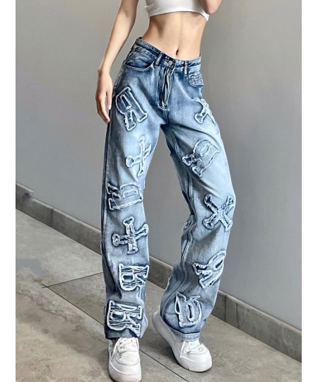 Streetwear Grunge Letter Patched Distressed Women Jeans Straight Casual Y2K Design Denim Trousers Korean Style Bottom $52.74 ...