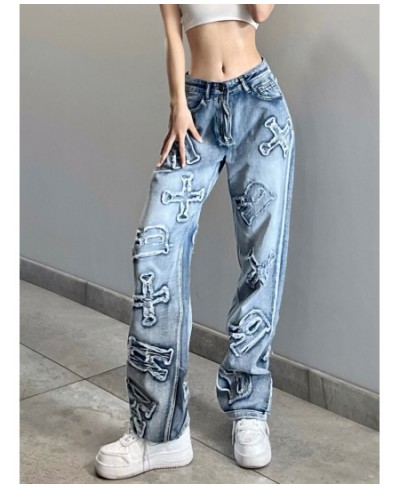 Streetwear Grunge Letter Patched Distressed Women Jeans Straight Casual Y2K Design Denim Trousers Korean Style Bottom $52.74 ...