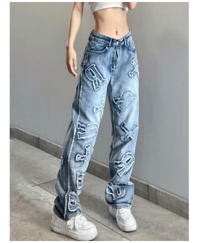 Streetwear Grunge Letter Patched Distressed Women Jeans Straight Casual Y2K Design Denim Trousers Korean Style Bottom $52.74 ...