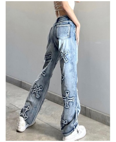 Streetwear Grunge Letter Patched Distressed Women Jeans Straight Casual Y2K Design Denim Trousers Korean Style Bottom $52.74 ...